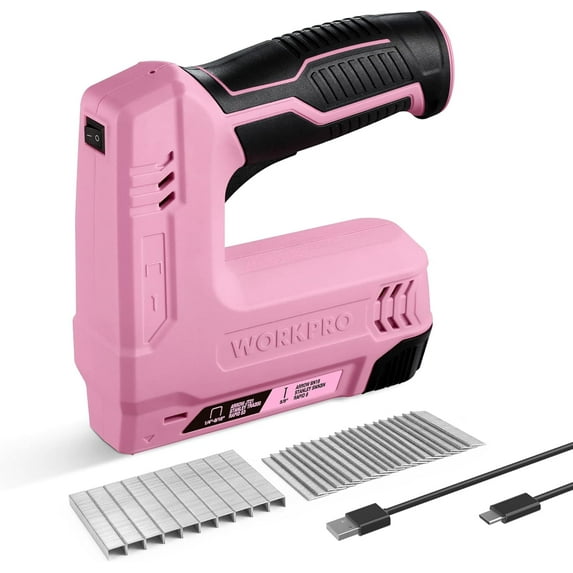 WORKPRO Electric Staple Gun, 2-in-1 Brad Nailer Electric with 2000PCS Staples Nails & USB Charger, 3.6V Staple Gun for Upholstering, Crafts, Carpentry, DIY, Pink Ribbon