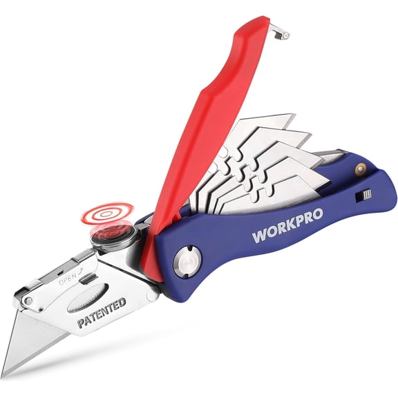 WORKPRO Folding Utility Knife, Quick-Change Box Cutter, Blade Storage in Handle with 5 Extra Blades Included