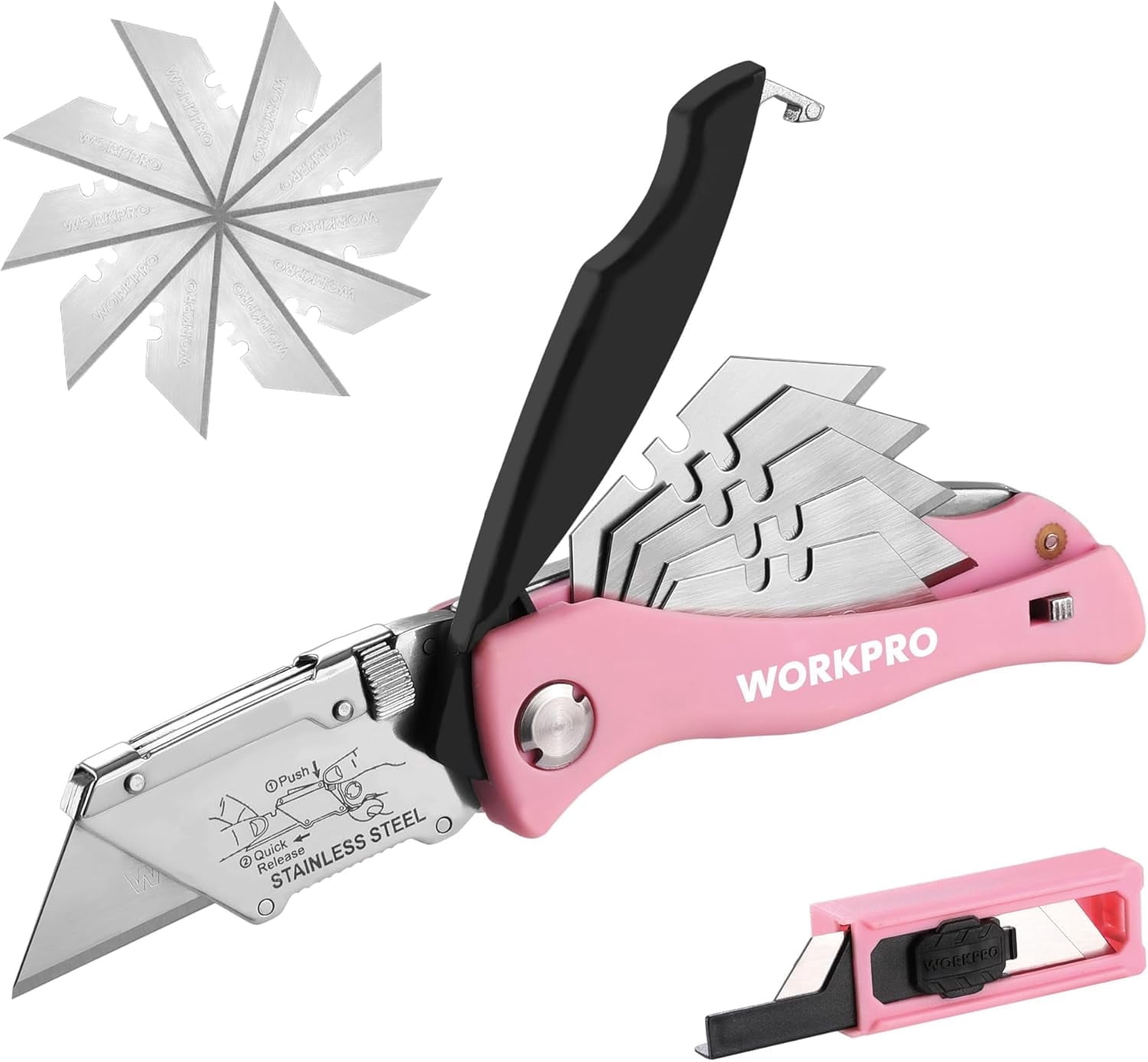 Pink Box Cutter With String WORKPRO Folding Utility Knife, Quick Change Pink Box Cutter with Blade ...