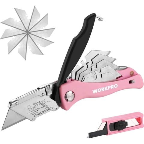 WORKPRO Folding Utility Knife, Quick Change Pink Box Cutter with Blade Storage, Includes 15 Extra Blades, for Cardboard, Boxes & Cartons