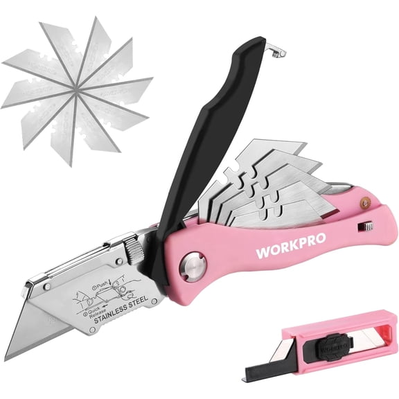 WORKPRO Folding Utility Knife, Quick Change Pink Box Cutter with Blade Storage, Includes 15 Extra Blades, for Cardboard, Boxes & Cartons