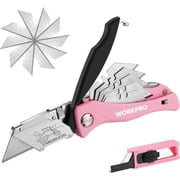WORKPRO Folding Utility Knife, Quick Change Pink Box Cutter with Blade Storage, Includes 15 Extra Blades, for Cardboard, Boxes & Cartons