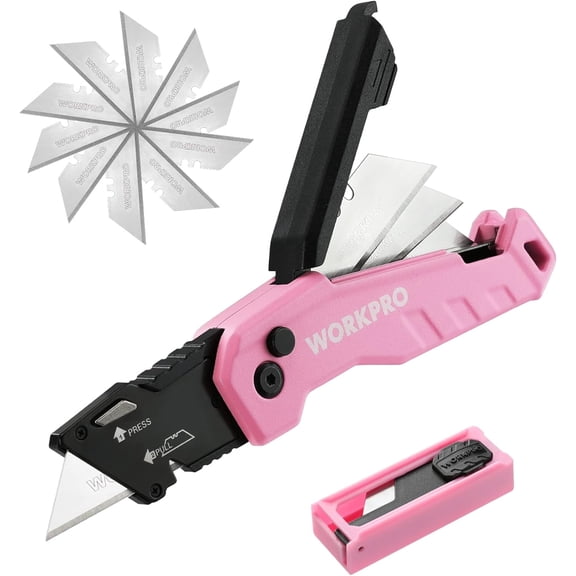 WORKPRO Folding Utility Knife, Quick Change Box Cutter, Razor Knife for Cartons, Cardboard, Boxes, Blade Storage in Aluminum Handle, 13 Extra Blades Included - Pink Ribbon