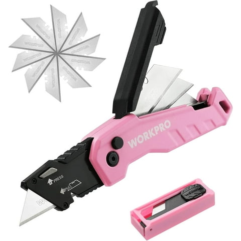WORKPRO Folding Utility Knife, Quick Change Box Cutter, Razor Knife for Cartons, Cardboard, Boxes, Blade Storage in Aluminum Handle, 13 Extra Blades Included - Pink Ribbon