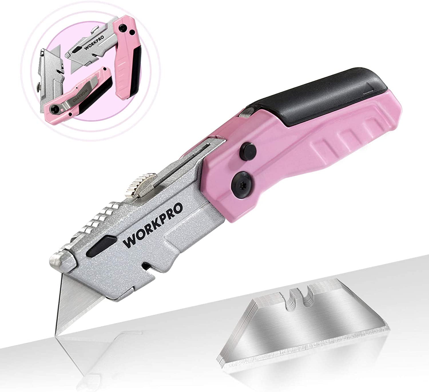 WORKPRO Folding Utility Knife, QuickChange Pink Box Cutter with Blade