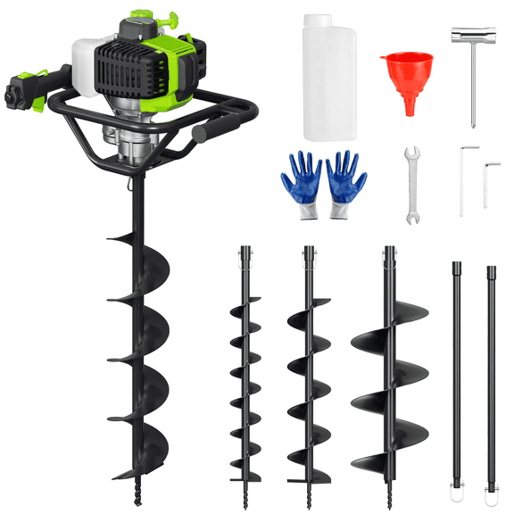 WORKPRO Gas Powered Earth Auger System, 62cc 1600W Post Hole Digger with 4", 6" & 8" Auger Bits and 2 Extension Rods