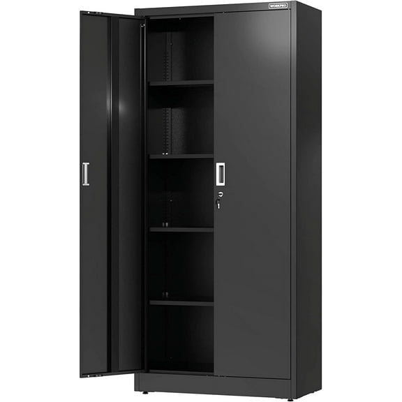 WORKPRO Metal Garage Storage Cabinet with Locking Doors and Adjustable Shelves,71 inches Tall Storage Cabinet for Tools, Office, Home, Shops (Black), Solid Packed