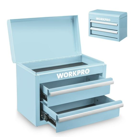 WORKPRO Mini Tool Box with 2 Drawers and Top Storage, Upgraded Version with Ball Bearing Slides, Small Metal Tool Chest with PVC Liners and PP Feet Pads, Light Blue