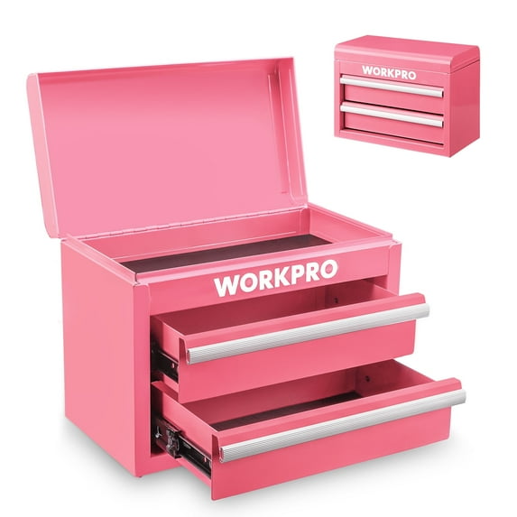 WORKPRO Mini Tool Box with 2 Drawers and Top Storage, Upgraded Version with Ball Bearing Slides, Small Metal Tool Chest with PVC Liners and PP Feet Pads, Pink