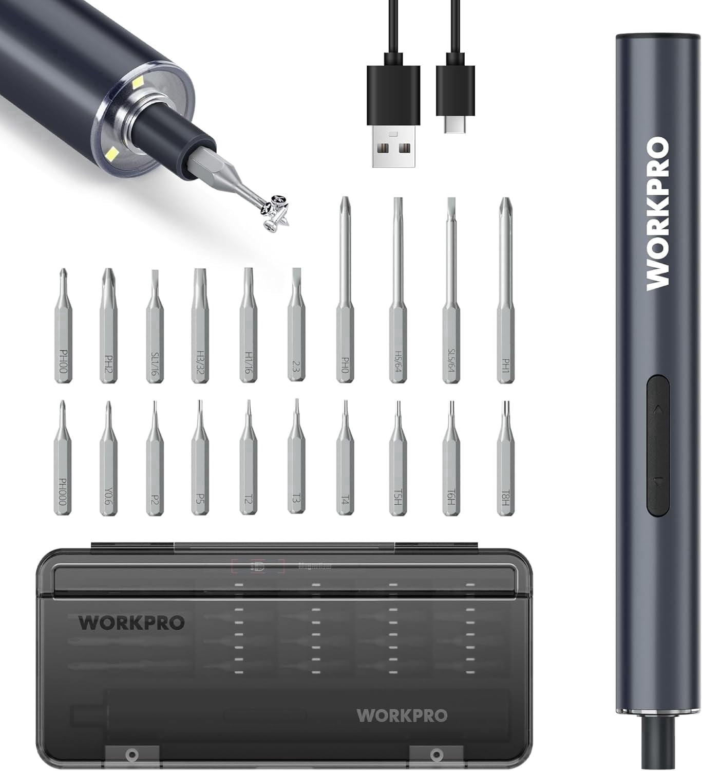 WORKPRO Mini Electric Screwdriver 20 in 1, Magnetic Rechargeable Precision Screwdriver Kit with S2 Steel Bits, Max 4.0V Cordless Screwdriver Kit for Phone Laptop Camera Repair