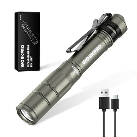 WORKPRO Mini Flashlight Pen Light, Rechargeable Pocket Penlight with Ultra-Compact EDC Flashlight, Memory Function and USB C Cable Included, Gray