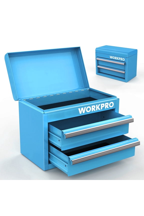 Mini Metal Tool Box with 2 Drawers and Top Storage, Small Tool Chest with PVC Liners and PP Feet Pads, Cold Rolled Steel Toolbox with Magnetic Tab, Blue
