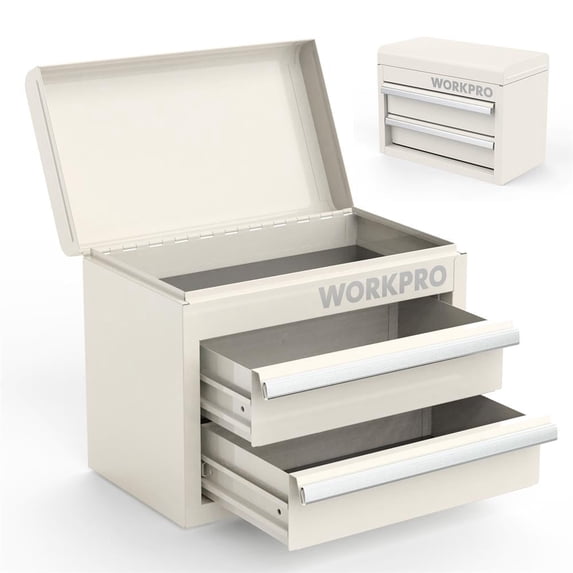 WORKPRO Mini Metal Tool Box with 2 Drawers and Top Storage, Small Tool Chest with PVC Liners and PP Feet Pads, Cold Rolled Steel Toolbox with Magnetic Tab,White