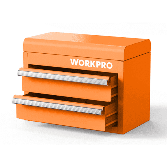 WORKPRO Mini Metal Tool Box with 2 Drawers and Top Storage, Small Tool Chest with PVC Liners and PP Feet Pads, Cold Rolled Steel Toolbox with Magnetic Tab, Yellow