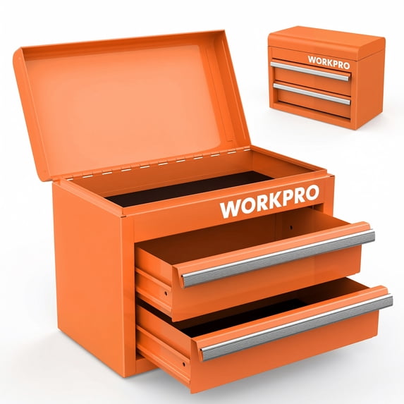 WORKPRO Mini Metal Tool Box with 2 Drawers and Top Storage, Small Tool Chest with PVC Liners and PP Feet Pads, Cold Rolled Steel Toolbox with Magnetic Tab, Yellow