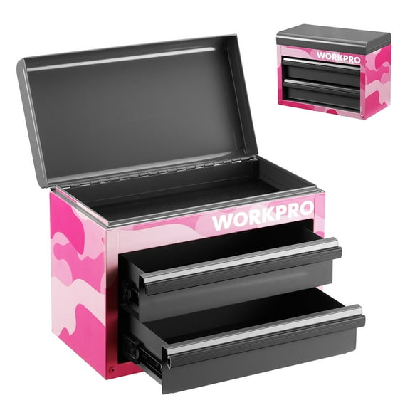 WORKPRO Mini Tool Box, 2-Drawer Metal Tool Chest with Top Storage, Upgraded Version Ball Bearing Slides, Pink Camo
