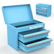 WORKPRO Mini Metal Tool Box with 2 Drawers and Top Storage, Small Tool Chest with PVC Liners and PP Feet Pads, Cold Rolled Steel Toolbox with Magnetic Tab, Blue