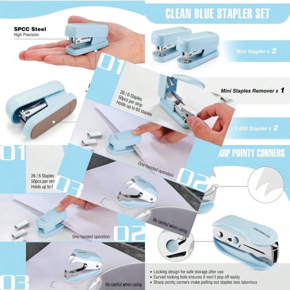 WORKPRO Mini Stapler with Staples Blue Stapler Set Includes Two Small Staplers One Staple Remover 2000 Standard Staples Lock Design Non-Slip Base - Staplers for Desk Classroom Office