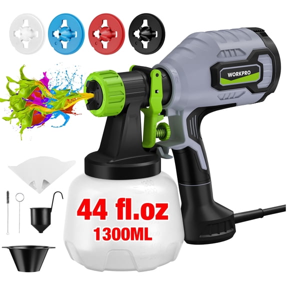 WORKPRO Paint Sprayer, 600W HVLP Spray Gun with 4 Nozzles, 3 Spray Patterns, Adjustable Flow, 44 Fl. Oz (1300 ml) Container, for Furniture, Cabinets, Walls, Doors