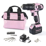 WORKPRO Pink Cordless 20V Lithium-ion Drill Driver Set, 1 Battery, Charger and Storage Bag Included - Pink Ribbon
