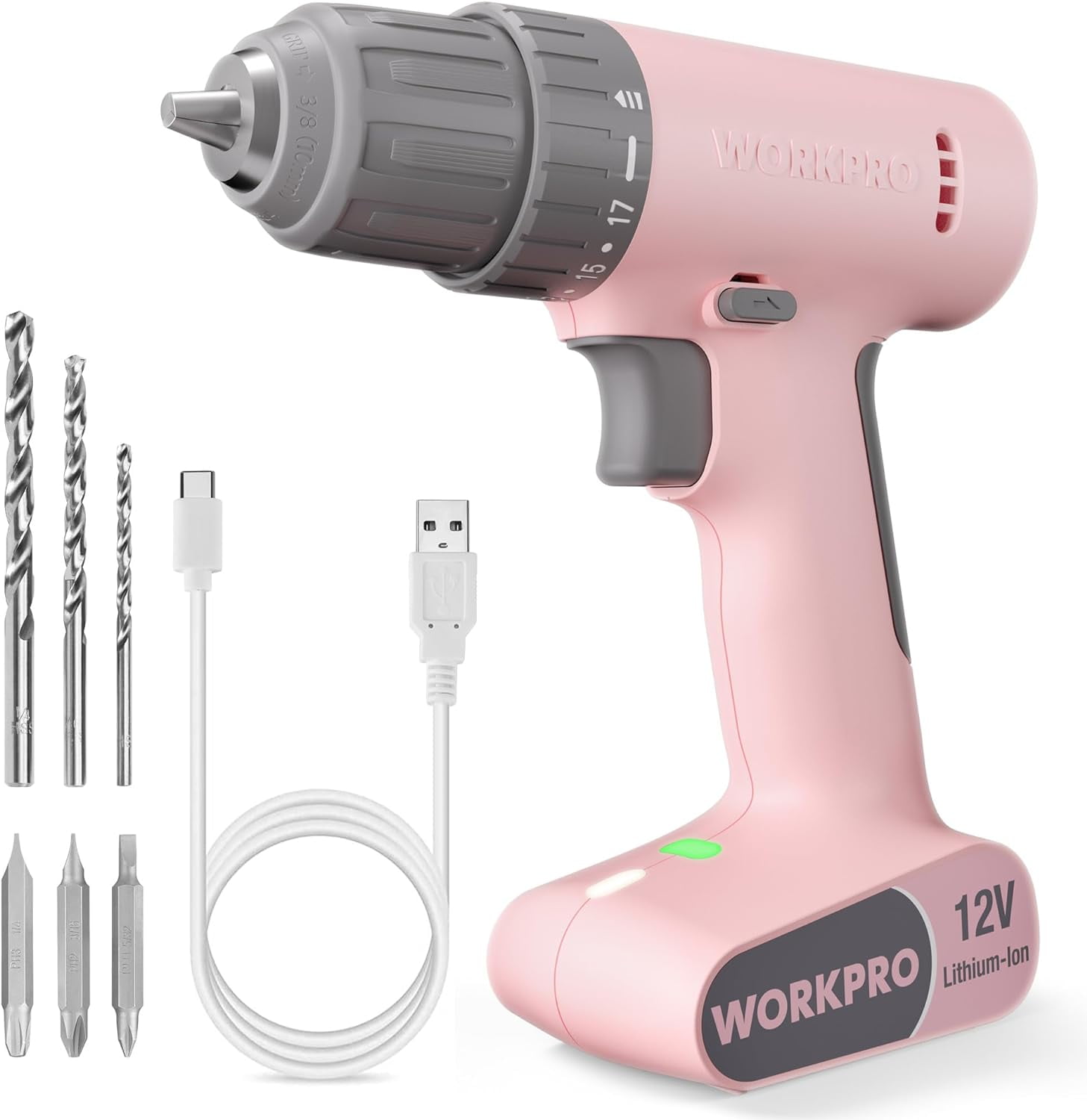 WORKPRO Pink Cordless Drill Driver Set, 12V Electric Power Drill Tool Kit with 6 Pcs Bits, 3/8