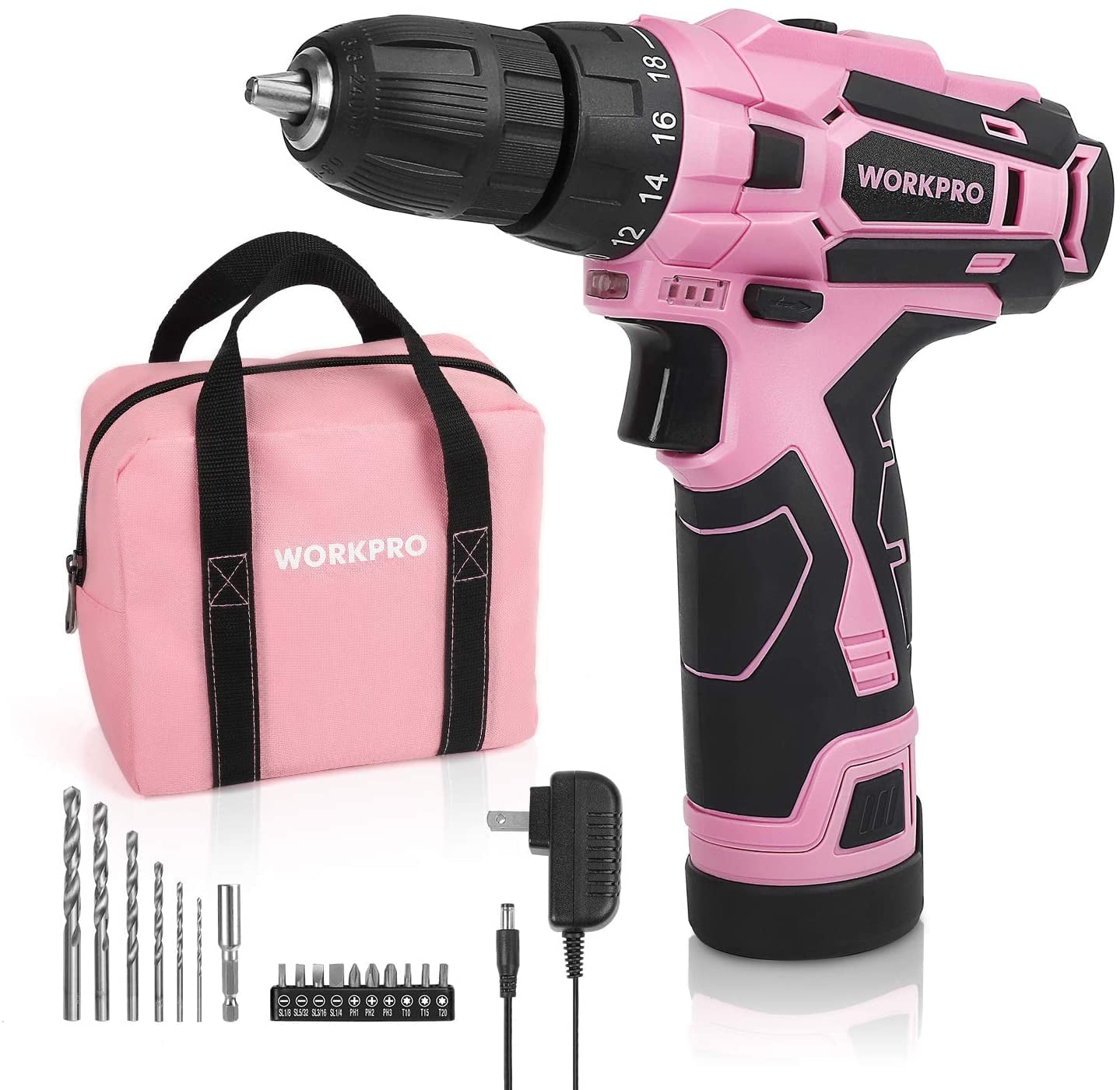 WORKPRO Pink Cordless Drill Driver Set, 12V Electric Screwdriver Driver Tool Kit for Women, 3/8" Keyless Chuck, Charger and Storage Bag Included - Pink Ribbon