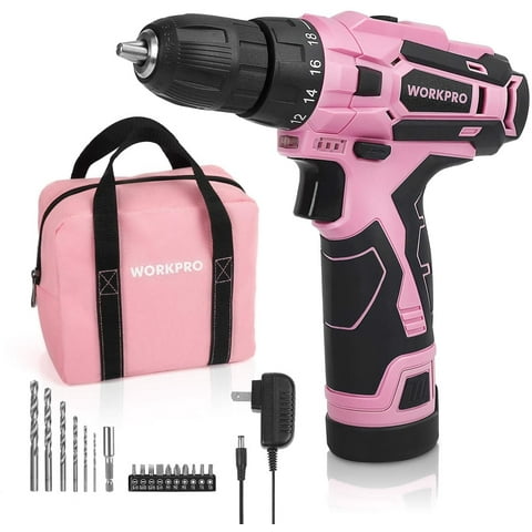 WORKPRO Pink Cordless Drill Driver Set, 12V Electric Screwdriver Driver Tool Kit for Women, 3/8" Keyless Chuck, Charger and Storage Bag Included - Pink Ribbon