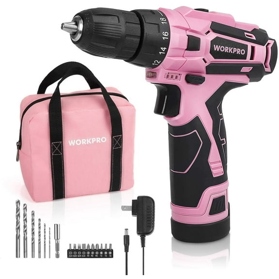 WORKPRO Pink Cordless Drill Driver Set, 12V Electric Screwdriver Driver Tool Kit for Women, 3/8" Keyless Chuck, Charger and Storage Bag Included - Pink Ribbon