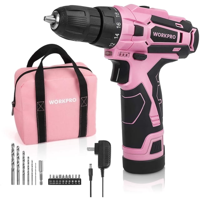 WORKPRO Pink Cordless Drill Driver Set, 12V Electric Screwdriver Driver Tool Kit for Women, 3/8" Keyless Chuck, Charger and Storage Bag Included - Pink Ribbon