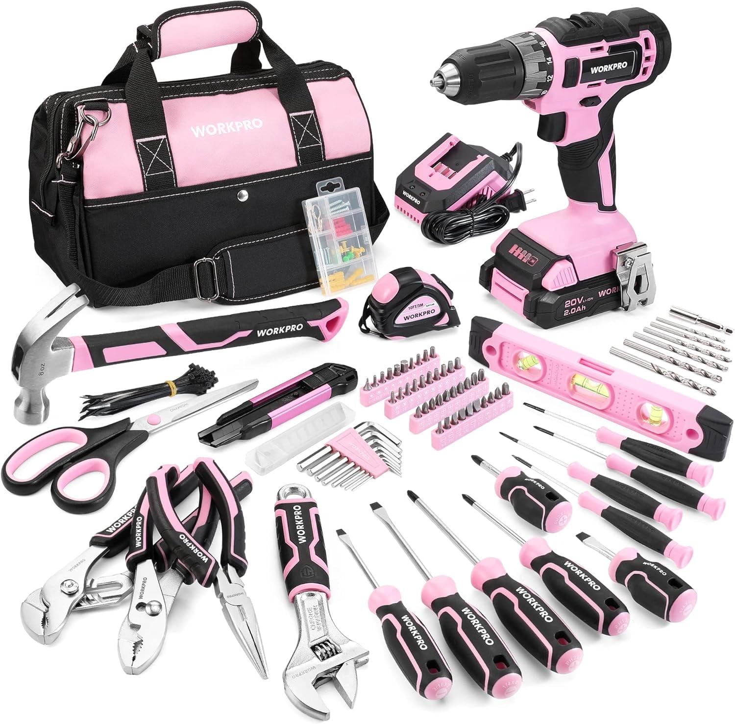 WORKPRO Pink Household Tool Kit with Drill, 157PCS Tool Set with