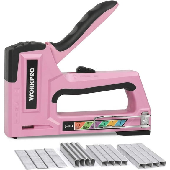 WORKPRO Pink Staple Gun, 6-in-1 Manual Brad Nailer with 4000-Pieces Staples for Fixing Material, Carpentry, Upholstery, Furniture and DIY - Pink Ribbon