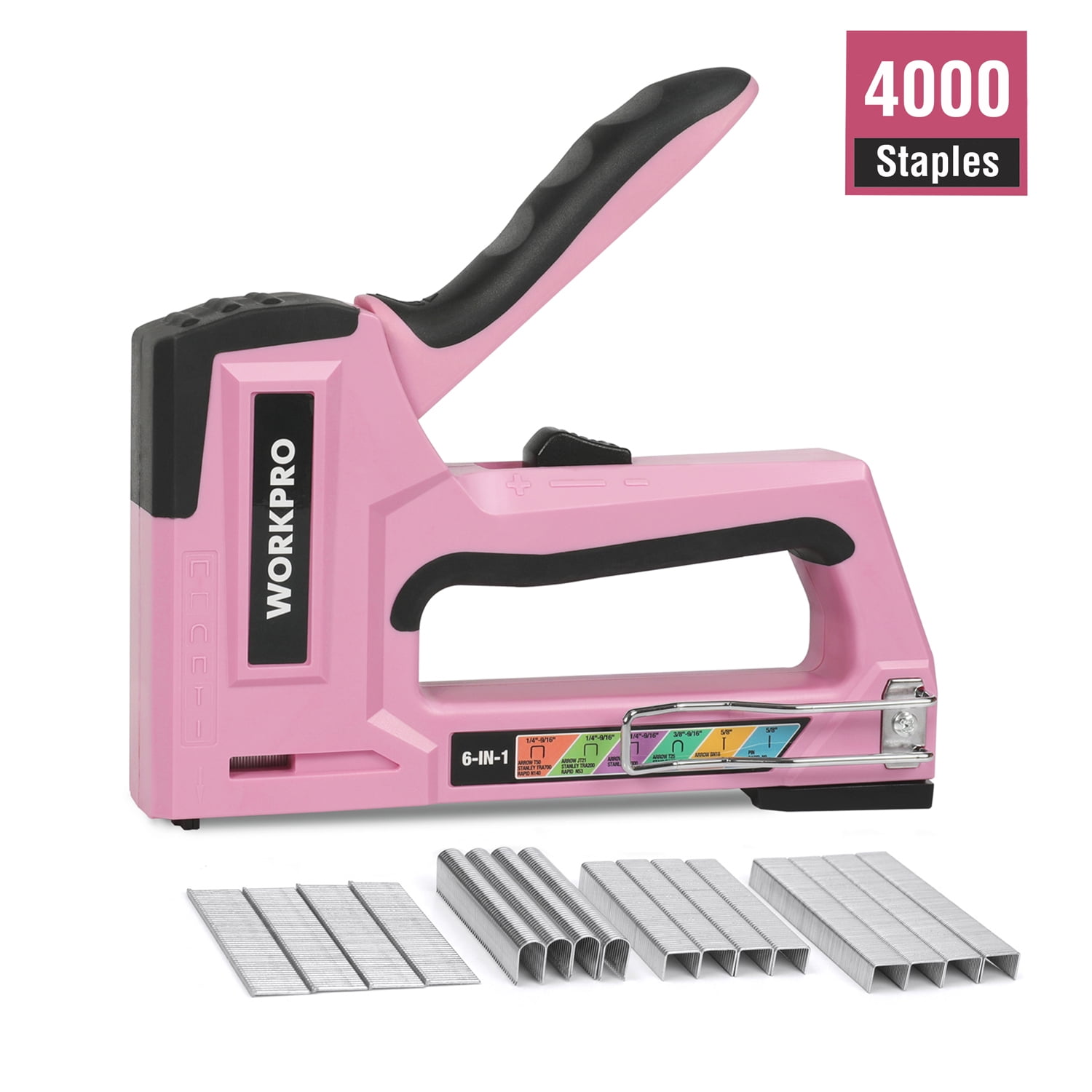 WORKPRO 6-in-1 Manual Staple Gun and Brad Nailer, Includes 4000 Staples, Upholstery and Furniture Repair Tool, Pink Ribbon