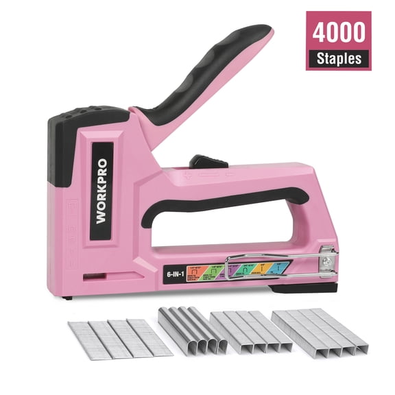 WORKPRO 6-in-1 Manual Staple Gun and Brad Nailer, Includes 4000 Staples, Upholstery and Furniture Repair Tool, Pink Ribbon