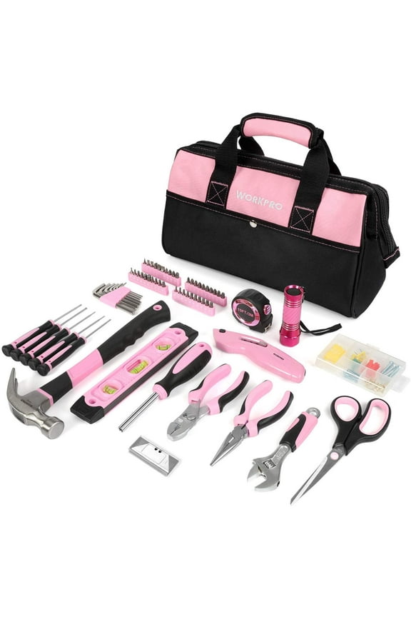 Pink Tool Kit, 106-Piece Lady's Home Repairing Tool Set with Wide Mouth Open Storage Bag - Pink Ribbon