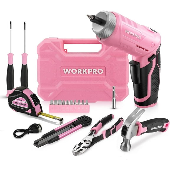 WORKPRO Pink 18-Piece Cordless Electric Screwdriver Tool Set with Rotatable Handle, LED Light, Chrome Vanadium Steel, Portable Toolbox