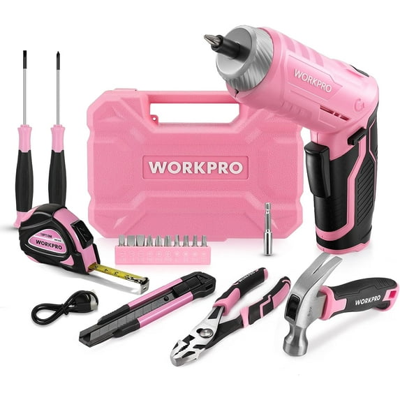 WORKPRO Pink 18-Piece Cordless Electric Screwdriver Tool Set with Rotatable Handle, LED Light, Chrome Vanadium Steel, Portable Toolbox