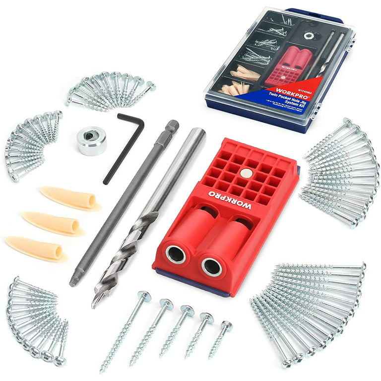 WORKPRO Pocket Hole Jig Kit, Including Plastic Plugs and 100 Pieces Coarse  Square Driver Screws for Pocket Screw Jig 