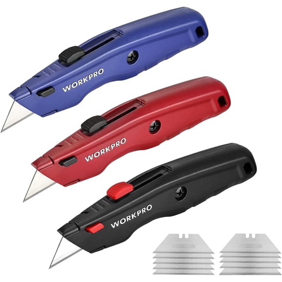 WORKPRO Premium Utility Knife, Retractable All Metal Heavy Duty Box Cutter, Quick Change Blade Razor Knife, with 10 Extra Blades, Set of 3 (Black, Red, Blue)