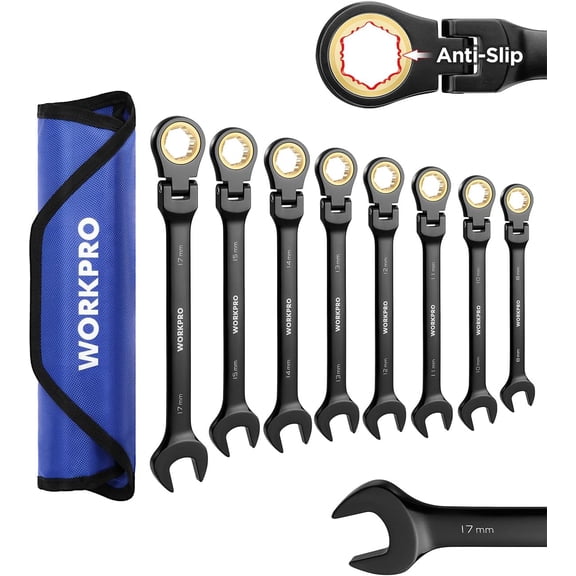 WORKPRO Ratcheting Combination Wrench Set, 8-piece Flex-Head Anti-Slip Set SAE 5/16-3/4 inch, 72-Teeth, Cr-V Constructed, Black Electrophoretic Coating with Rolling Pouch