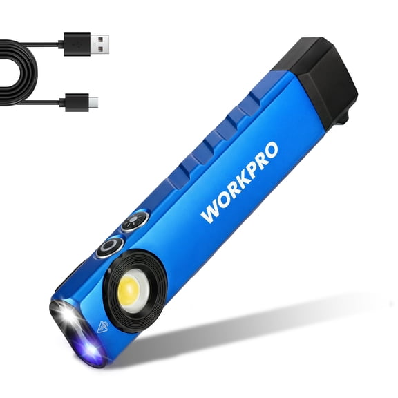 WORKPRO Rechargeable EDC Work Light with UV and COB, Up to 600 Lumens, Magnetic Base, Pocket Clip, USB-C Charging, IPX4, Blue