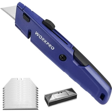 WORKPRO Retractable Box Cutter, Quick Change Utility Knife with Extra Blade Storage - Heavy Duty Aluminum Razor Knife, Twine Cutter, Bonus SK5 Blades Included, Blue