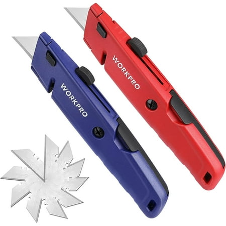 WORKPRO Retractable Box Cutters with Extra Blade Storage, Quick-Change Utility Knife with Twine Cutter, Heavy Duty Aluminum Razor Knife, 16 Bonus SK5 Blades Included, 2 Pack