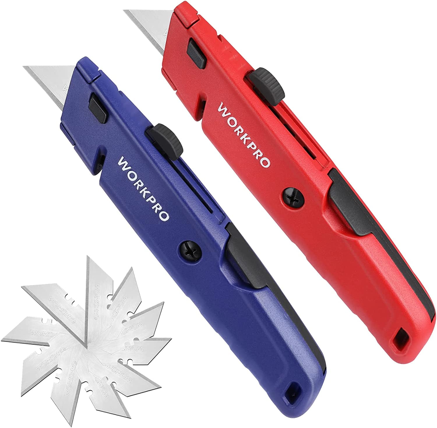 WorkPro Premium Utility Knife, 1pc Retractable All Metal Heavy Duty Box Cutter, Quick Change Blade Razor Knife, with 10 Extra Blades, Red