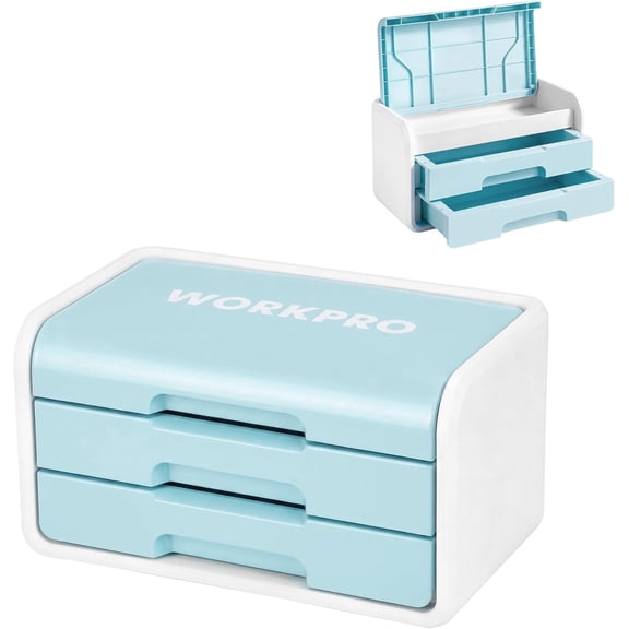 WORKPRO Small Storage Box with 2 Drawers, Flip-Top Lid, Durable ABS Storage Case with PP Feet Pads, Lightweight StorageBox for Arts and Crafts, Beads, Sewing, Markers, Coloring Books and DIY Supplies