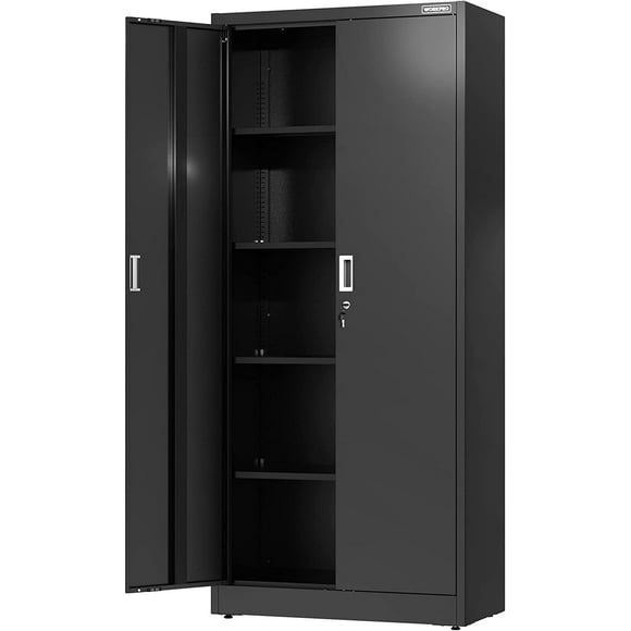 WORKPRO Storage Cabinet, Metal Garage Cabinets with Doors and Shelves, Tall Locking Steel Cabinet for Tools, Office, Home, Shops, Black, 71" H x 31-1/2" W x 15-3/4" D, 900 lbs Load Capacity (Total)
