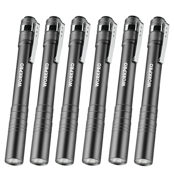 WORKPRO 6-Pack LED Pen Light, Aluminum Pen Flashlights, Pocket Flashlight with Clip for Inspection, Emergency, Everyday, 2AAA Batteries Included, Gray