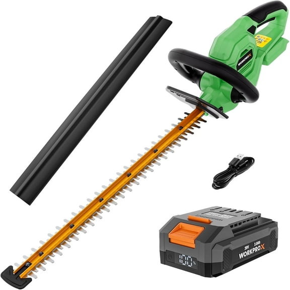 WORKPROX 20V Cordless Hedge Trimmer, 22" Dual Action Blade Electric Bush Shrub Trimmer, with Battery & Charging Cable