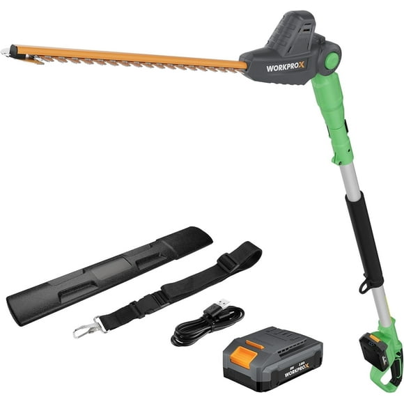 WORKPROX 20V Cordless Pole Hedge Trimmer, 9.2-Feet Reach, 11 Rotating Head, Electric Hedge Trimmer with Extension Pole, Great for Shrubs, Bushes, 2.0Ah Battery & Charging Cable Included