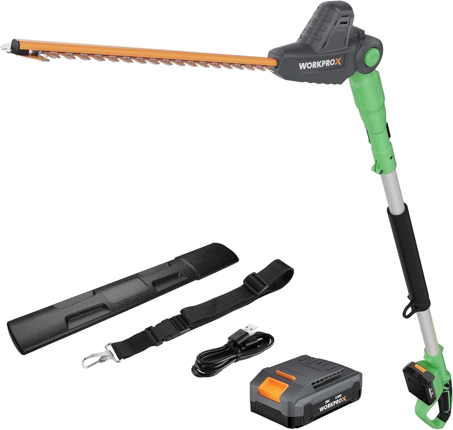 WORKPROX 20V Cordless Pole Hedge Trimmer, 9.2 ft Reach, 11-Angle Adjustable Head with Extension Pole, 2.0Ah Battery Included
