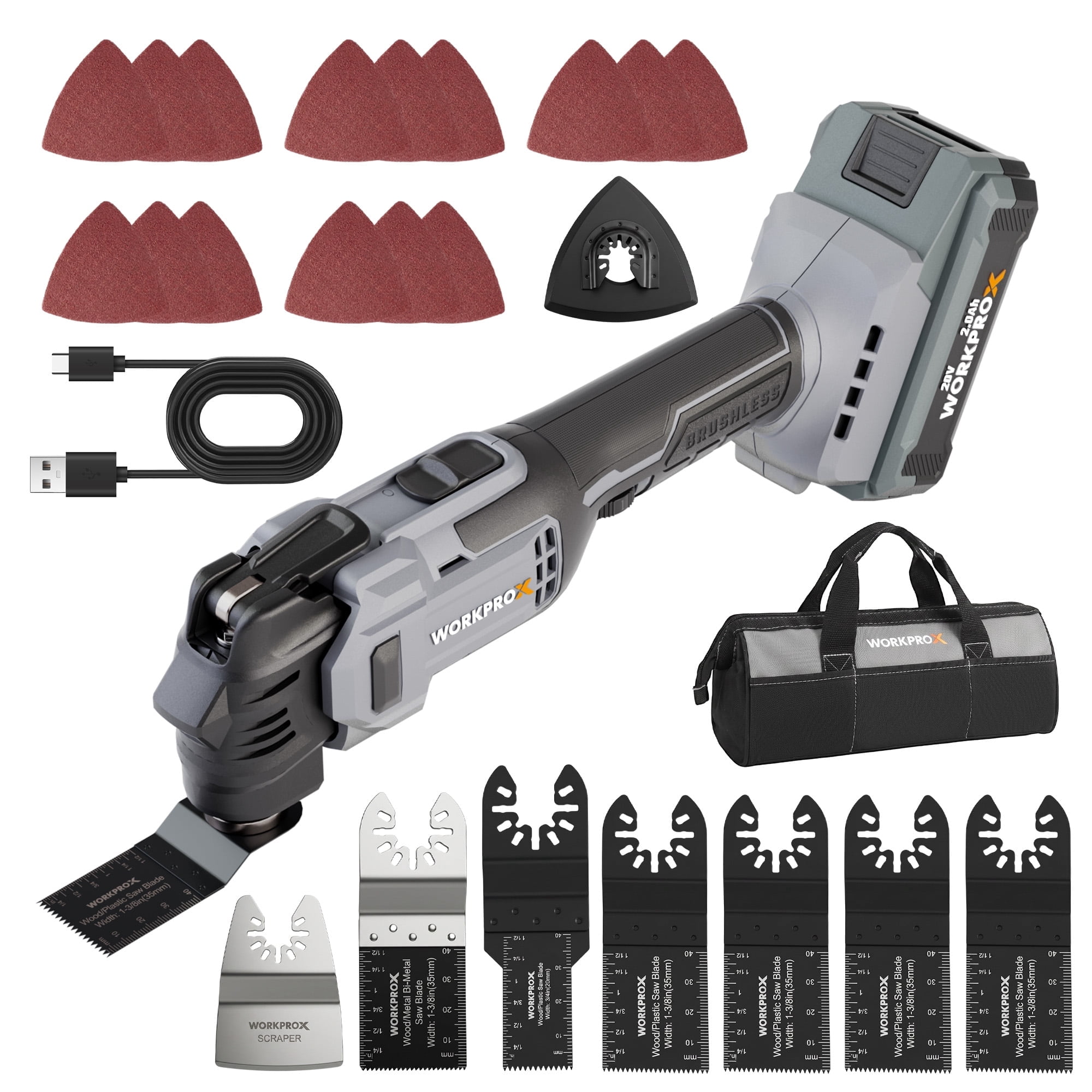 WORKPROX 20V Brushless Cordless Oscillating Saw, Variable Speed Multi-Tool for Wood & Metal Cutting, Sanding, Grinding, Scraping, US Package